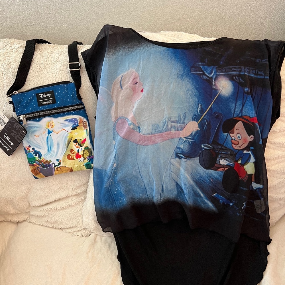 Adorable Disney Blue Fairy Pinocchio Tunic with Matching Loungefly Crossbody!